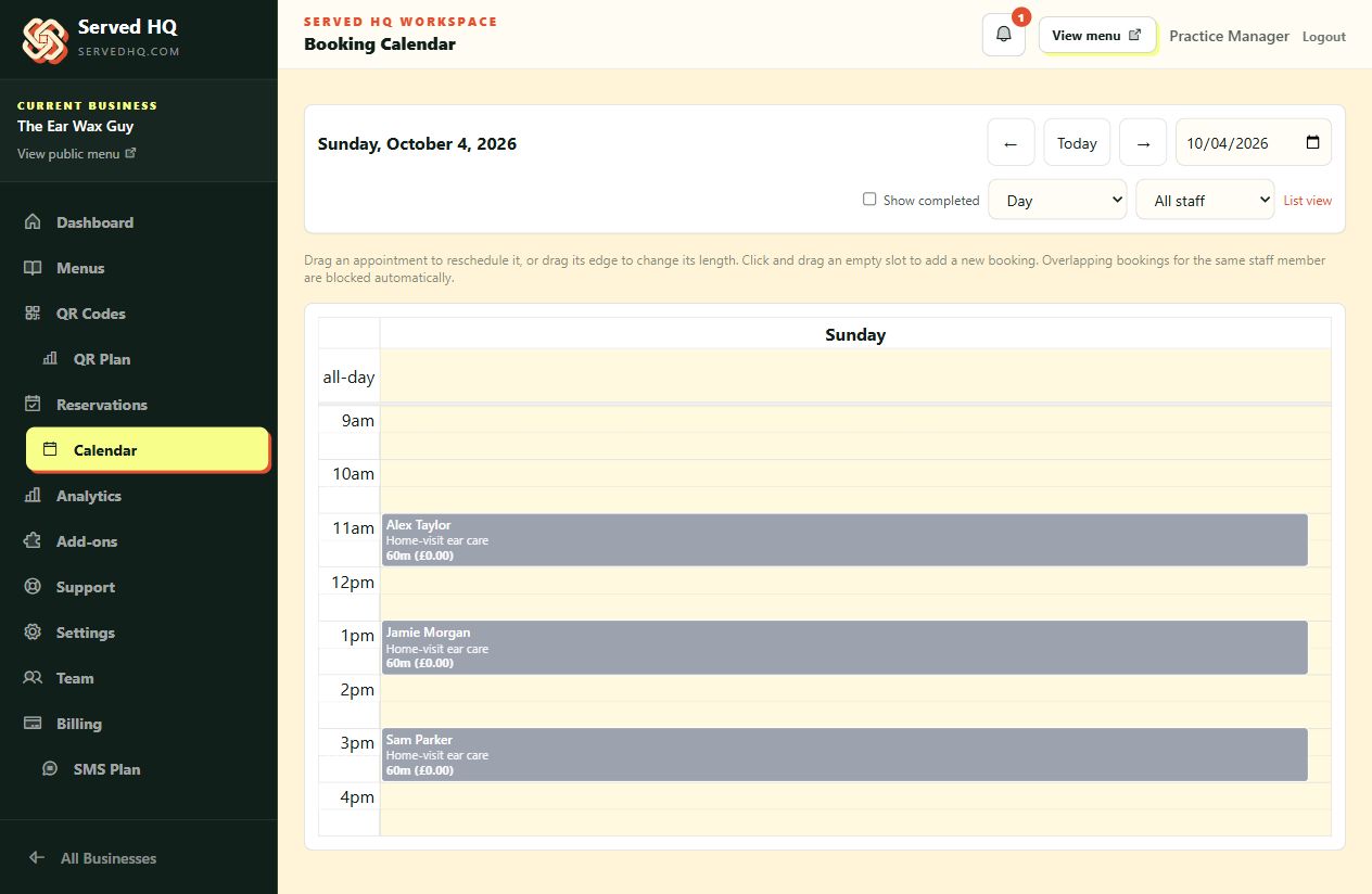 Served HQ calendar showing appointments scheduled in an ear-care business workspace with example customer details.
