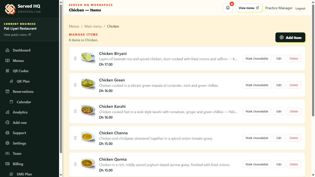 Served HQ menu workspace showing Pak Liyari's dishes, photographs, prices and availability controls.